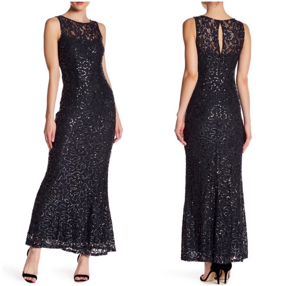 MARINA Blue Sequin Sleeveless V-Neck Gown